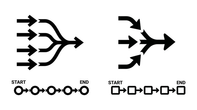 Merging arrows and process flow diagrams | convergent business workflow and start to end sequence timelines | black vector icons