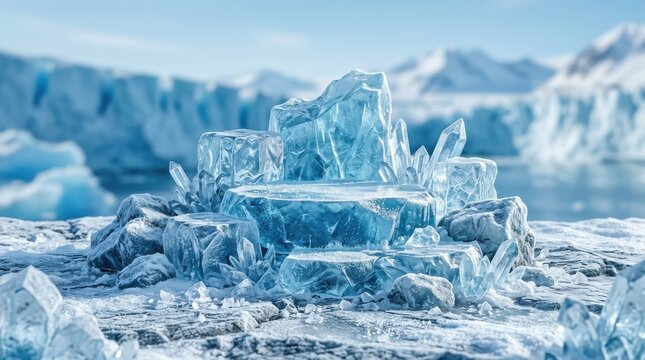 Lanskap musim dingin pegunungan es dan salju di Islandia dengan latar langit biru serta danau beku yang menakjubkan di daerah kutub Antartika