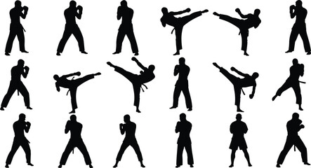 Set of martial arts silhouettes with karate and taekwondo fighters performing kicks and combat poses for sports fitness and training ©  JB Creative.