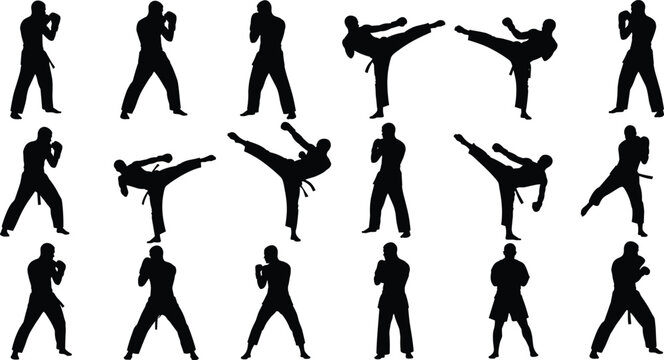 Set of martial arts silhouettes with karate and taekwondo fighters performing kicks and combat poses for sports fitness and training