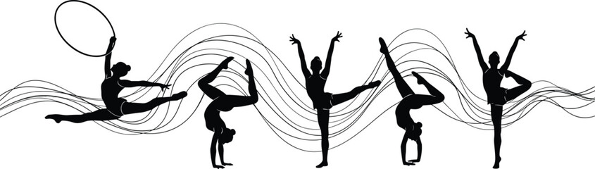 Silhouettes of rhythmic gymnasts performing various poses with hoop and abstract wavy lines, representing grace, flexibility, sports, and artistic movement ©  JB Creative.