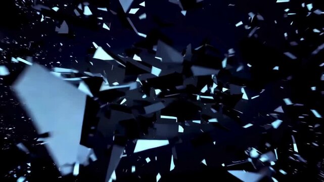 High-tech animation of a dark glass platform assembling from floating shattered fragments in a dark, glowing blue digital space.