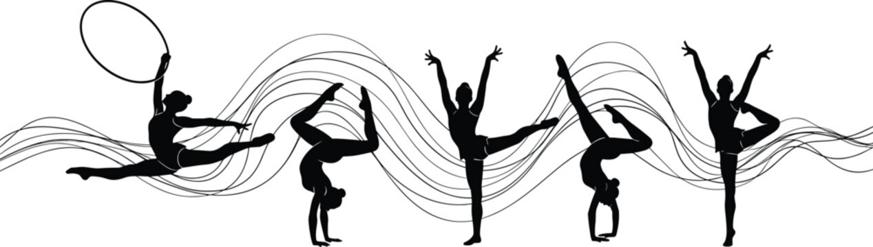 Silhouettes of rhythmic gymnasts performing various poses with hoop and abstract wavy lines, representing grace, flexibility, sports, and artistic movement