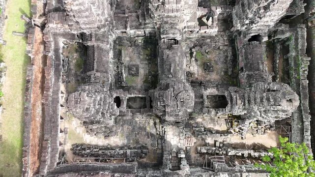 Establishing aerial shot of ancient Banteay Kdei Buddhist monastery ruins, Siem Reap