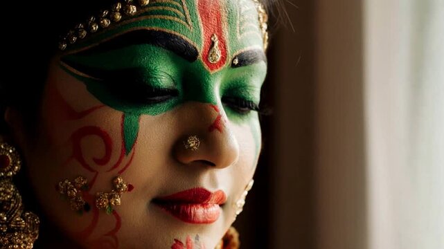 Kathakali makeup on Indian woman. Traditional dance artistry for Onam festival. Expressive eyes and cultural beauty
