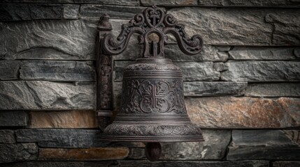 Obraz premium Ornate Wrought Iron School Bell with Dark Finish Mounted on Textured Stone Wall