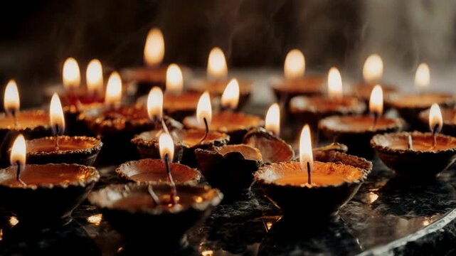 Burning clay diyas with rising smoke on a dark surface. Flickering oil lamps for Guru Nanak Jayanti celebration. Indian festival of lights