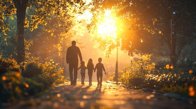 Family sunset stroll park path autumn