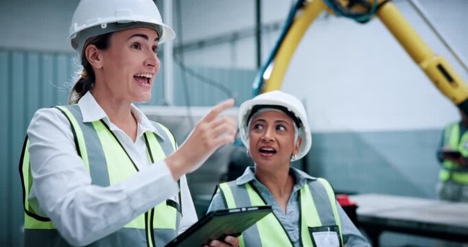 Robotics, inspection and women with tablet for research, discussion and quality assurance on website. Machine facility, manager and planning for mechanical design, teamwork or meeting with technology