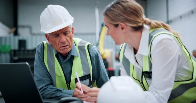 Supervisor, robotics and people on laptop in factory for machine, inspection and software configuration. Automation, team and engineers on tech for system diagnostics, assembly line and meeting