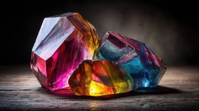 Vibrant multifaceted glass crystals illuminated with internal light and glowing with rich colors.