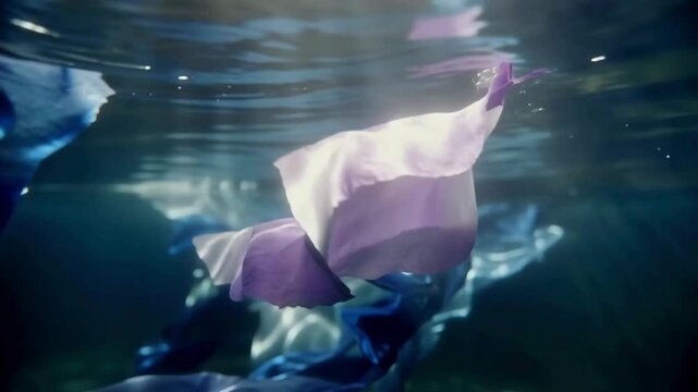 Ethereal Purple Silk Fabric Floating Underwater. Smooth translucent violet and blue sheets of cloth wave gracefully in dark water, mimicking jellyfish or smoke.