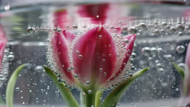 Pink Tulip Flower Trapped Inside Sparkling Carbonated Water. A fresh pink tulip is submerged in a glass of fizzy sparkling water, covered in hundreds of tiny oxygen bubbles.