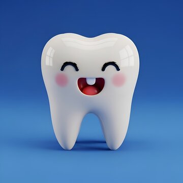 Adorable smiling 3D render dental tooth mascot with pink cheeks on transparent background