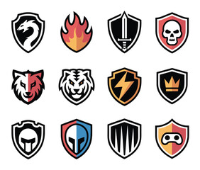 Fototapeta premium Twelve gaming emblems featuring shields and animal mascots including a dragon skull wolf tiger sword lightning bolt crown helmet and game controller