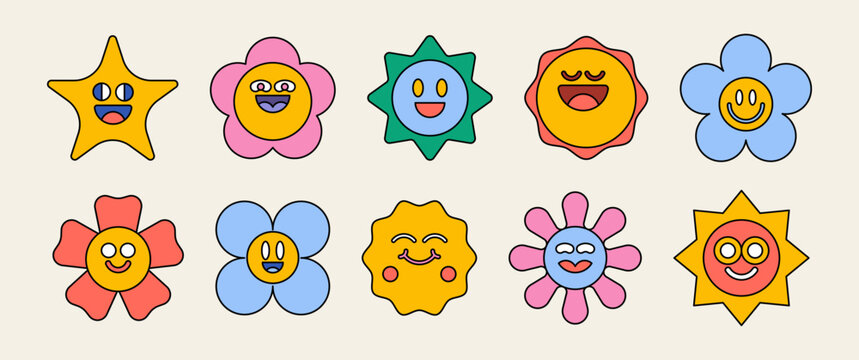 Cute colorful cartoon flower and sun mascots with happy smiling faces