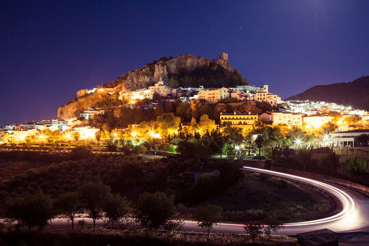  Zahara de la Sierra town and castle illuminated at night, Andalusia, Spain