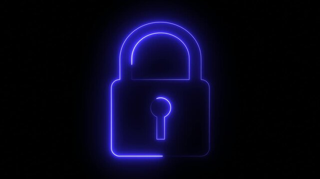 glowing neon light blue color security lock icon animation encryption privacy protection icon padlock privacy secret safety prevention neon effect sign symbol on black background