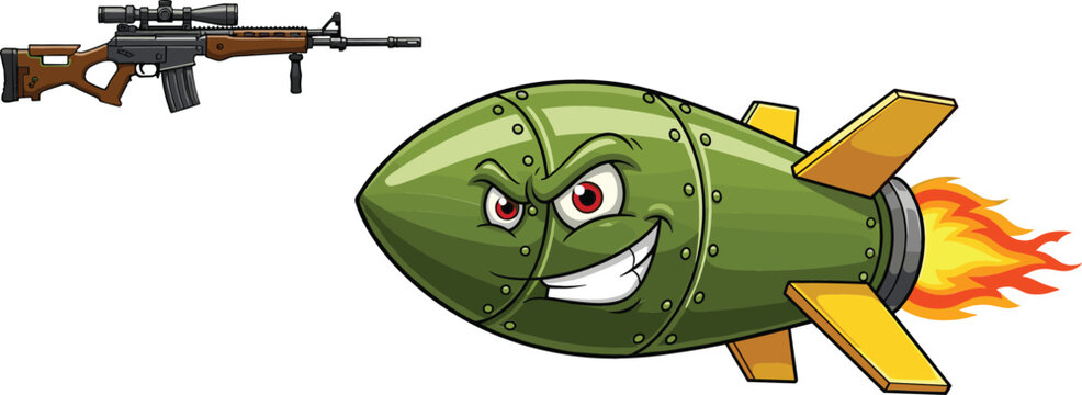 Cartoon Military Icons Set Featuring Bomb, Rifle, and Weaponry for Action and Gaming Designs