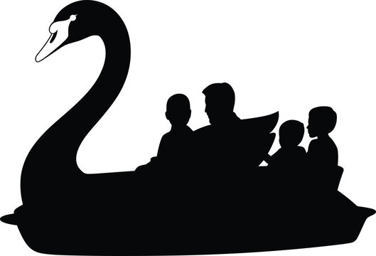 Black silhouette of a family with children riding a swan paddle boat on a lake during a summer park vacation