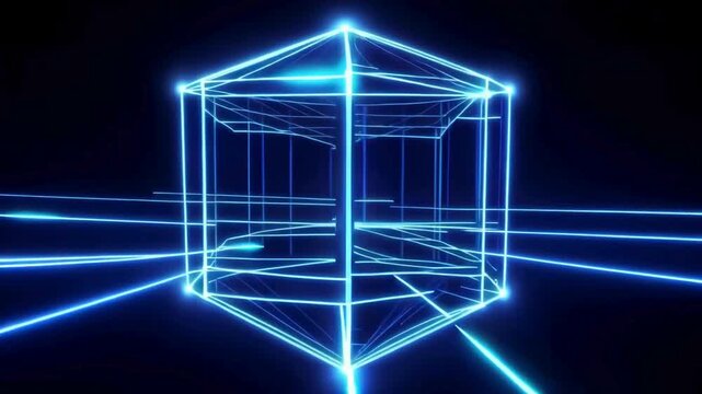 Abstract 3D animation of a glowing blue neon wireframe cube on a dark background with moving light trails and laser beams high tech visual.