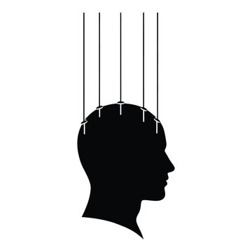 Silhouette profile of a human head with strings attached, symbolizing control, manipulation, and puppetry