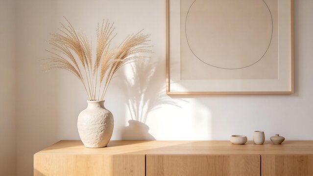 Minimalist interior with vase and artwork