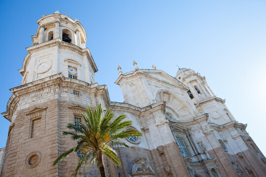 Cadiz Cathedral building front on a blue sky day, Cadiz, Spain