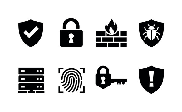 Cybersecurity protection: shield with checkmark, padlock, firewall wall, antivirus bug shield, secure server, fingerprint scan, encrypted key, alert shield.