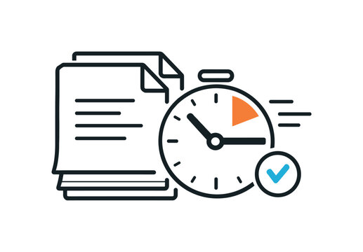 Active work process and handling multiple responsibilities during a productive office session, a simple stack of documents paired with a small ticking clock icon symbolizing