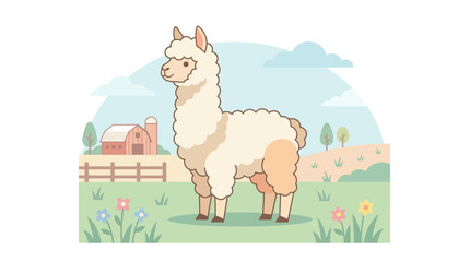 Fototapeta premium Cute Alpaca Standing in a Green Field with Flowers and Farm in Background