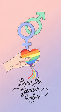 Illustration of gender symbols above a rainbow heart in a hand, with colorful rays flowing down, representing gender equality, freedom and inclusivity