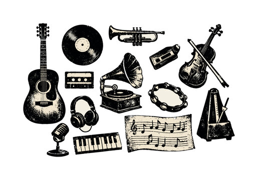 A vintage music and instruments themed collection of isolated audio-related objects and performance elements, designed as a reference sheet of individual assets
