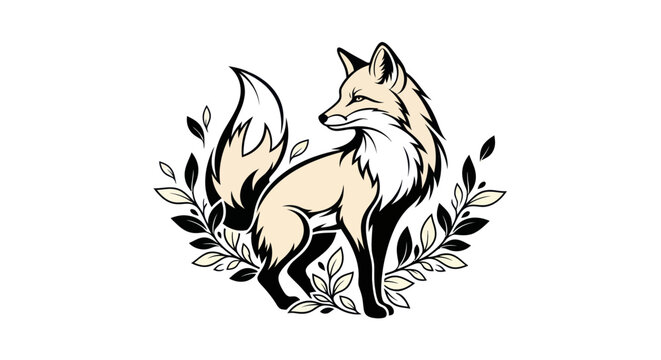 Elegant fox illustration set against a white background with plant elements