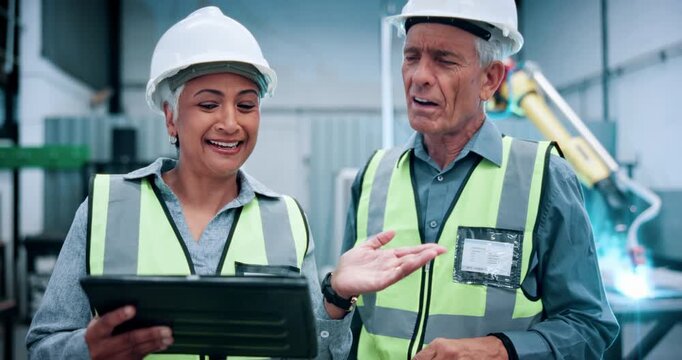 Machine, report and mature people with tablet for inspection, discussion or quality assurance on web. Robotics facility, manager and planning for mechanical design, teamwork and meeting with tech