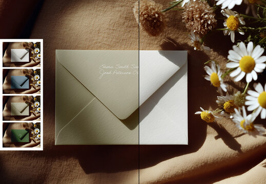 Elegant Envelope Mockup with Floral Arrangement on Fabric Surface