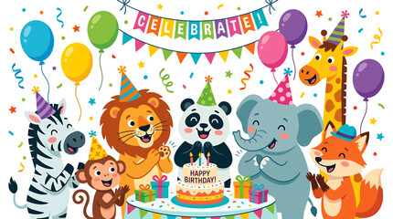 Naklejka premium Cute Animals Celebrate Birthday Party with Cake and Balloons