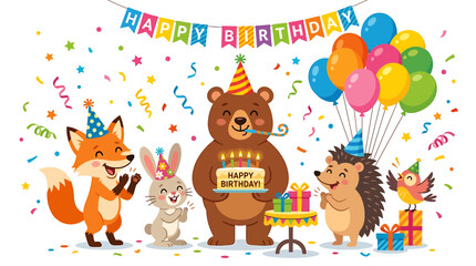 Obraz premium Cute Animals Celebrate Birthday Party with Cake and Balloons