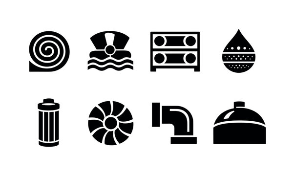 Desalination plant engineering: reverse osmosis membrane spiral, intake brine diffuser fan, pressure vessel tube rack, salinity gradient droplet chart, pretreatment filter