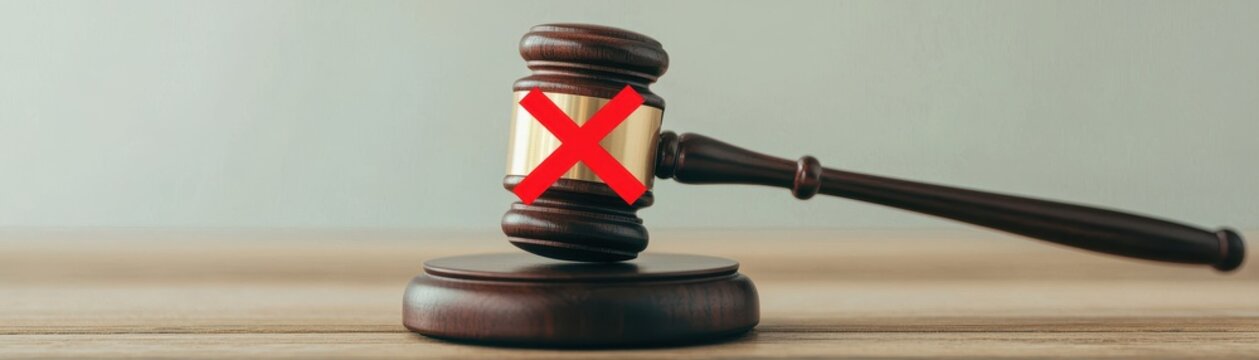 Wooden judge gavel with  large red X symbol superimposed on the striking head