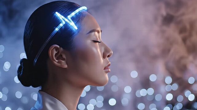 Futuristic Woman with Glowing LED Headband and Pulsating Light