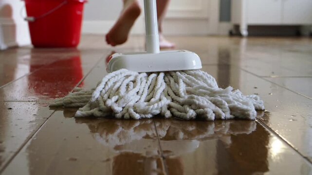 Close up of a wet mop cleaning a shiny wooden floor with reflections water