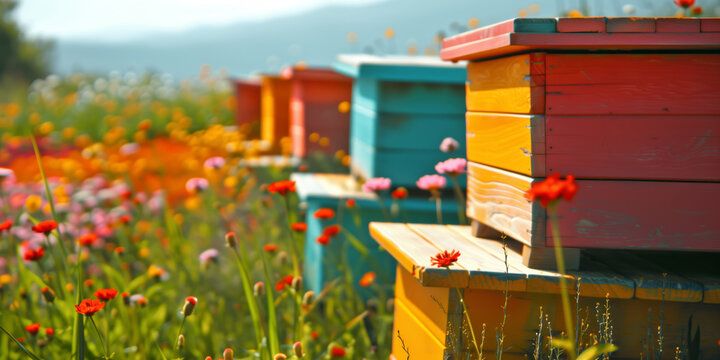 Bright wooden beehives standing in a colorful flowering meadow under warm sunlight. Scenic apiary landscape with wildflowers, pollinator habitat, and sustainable beekeeping in nature