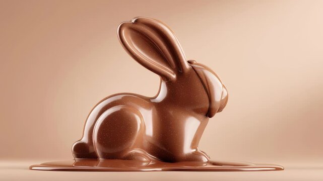 Chocolate rabbit melts slowly on a smooth surface in soft light