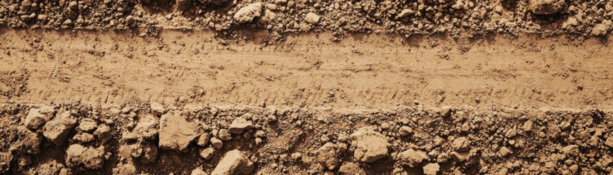 Close up overhead view of  vehicle track impressed into rough brown earth and loose soil