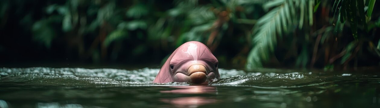 Pink river dolphin emerges from dark water against  blurred backdrop of lush green foliage