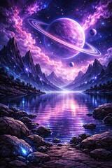 Fototapeta premium A 3D semi-realistic alien landscape with reflective lake, jagged mountains, and a vibrant galaxy sky filled with planets and nebula clouds. With strong foreground rocks and midground water reflections
