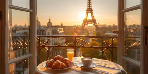 Fototapeta premium Breakfast with fresh croissants, coffee, and orange juice served on a balcony with a view of the Eiffel Tower in Paris at sunrise.