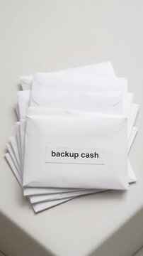 Slow pan of stack of envelopes labeled backup cash on white table surface for financial savings and emergency reserve concept