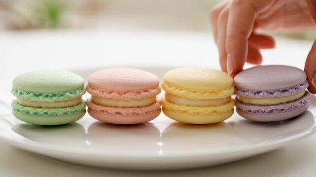 Slow motion tracking shot of hand placing and aligning pastel macarons in row on white plate by window